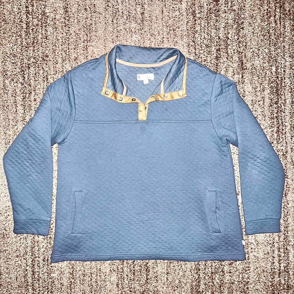 UGG Quilted Blue Pullover Sweatshirt with Tan Trim